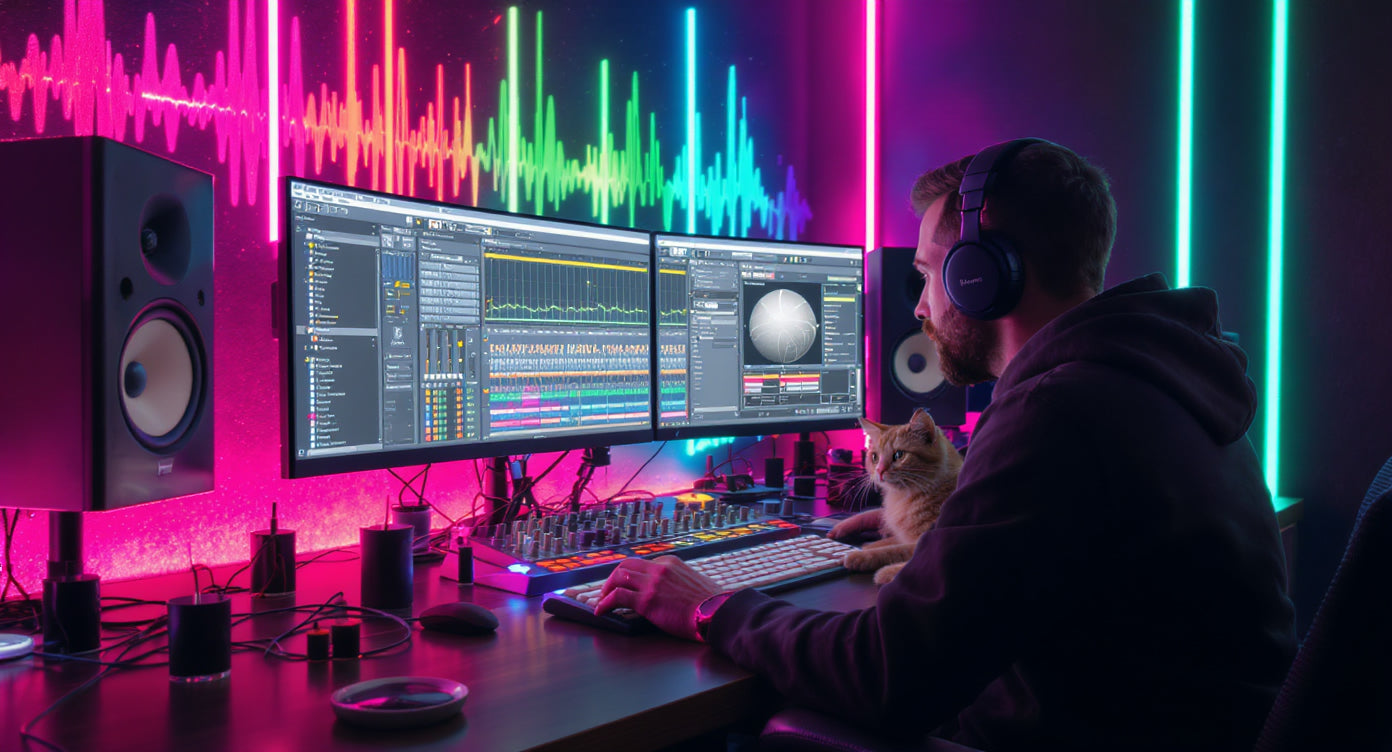 Person mixing music at a dual-screen setup with colorful lighting and a cat nearby.