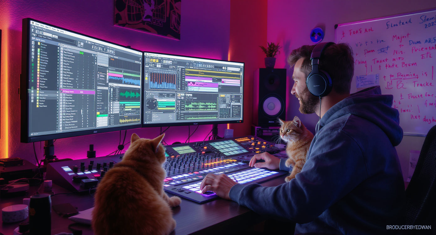 Music producer working in a home studio with two cats, colorful lighting, and dual monitors.