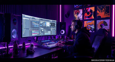 Music producer creating beats in a stylish studio with vibrant lighting and audio equipment.
