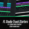 Promotional graphic for 'FL Studio Track Starters' showing screenshots of a digital audio workstation interface with colorful track lanes and large white text reading 'FL Studio Track Starters', '5 FL Studio Track Starters', and 'Stock Plugins Only'.