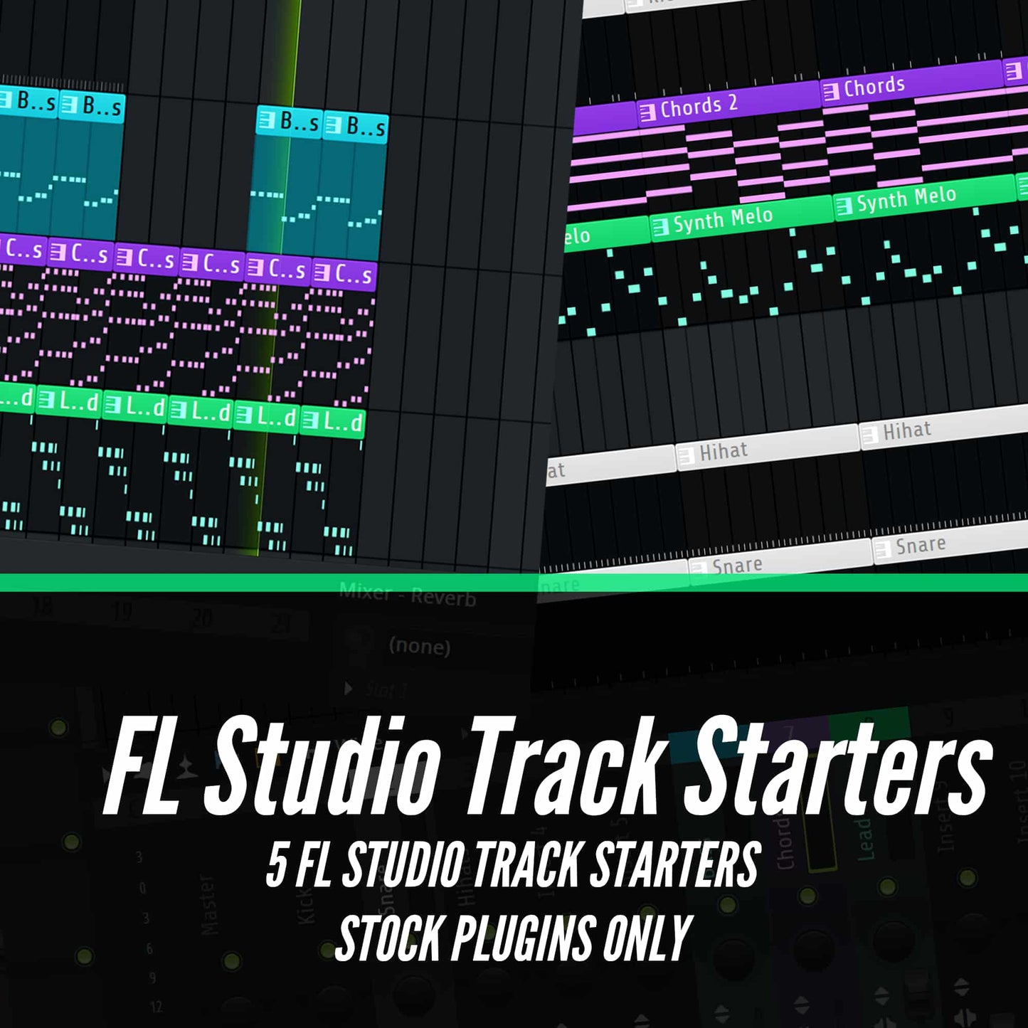 Promotional graphic for 'FL Studio Track Starters' showing screenshots of a digital audio workstation interface with colorful track lanes and large white text reading 'FL Studio Track Starters', '5 FL Studio Track Starters', and 'Stock Plugins Only'.