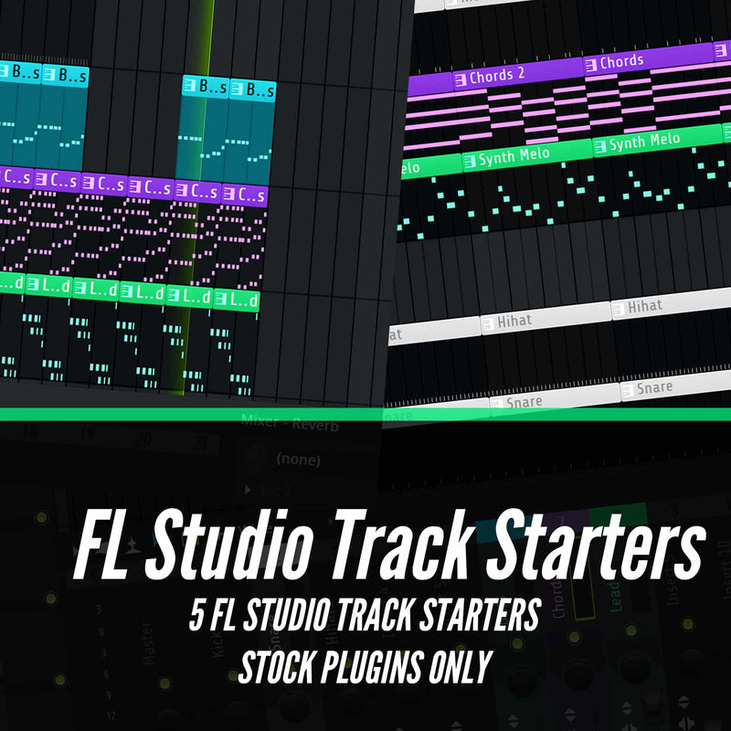 Promotional graphic for 'FL Studio Track Starters' showing screenshots of a digital audio workstation interface with colorful track lanes and large white text reading 'FL Studio Track Starters', '5 FL Studio Track Starters', and 'Stock Plugins Only'.