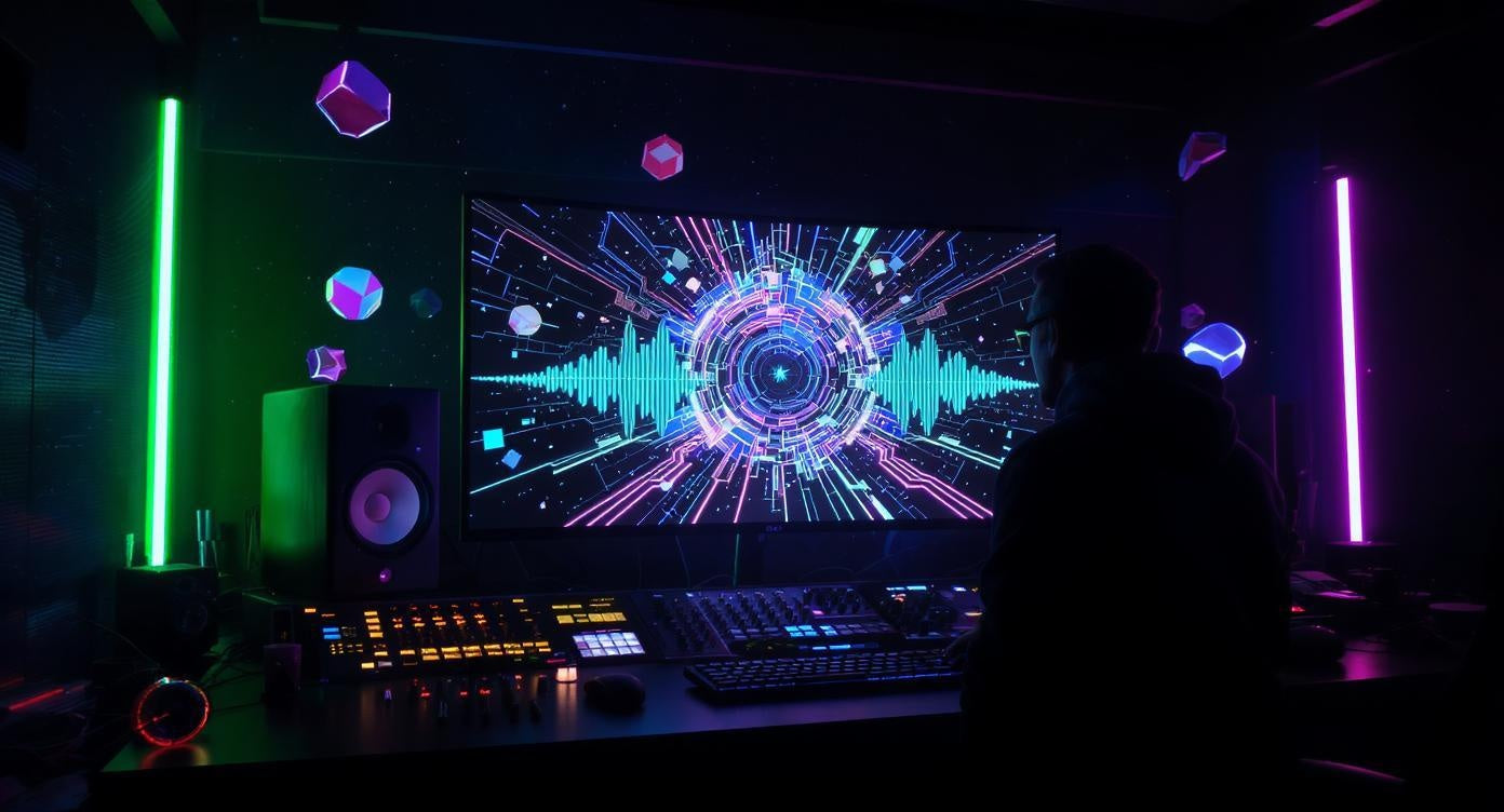 Person in a dark room with electronic equipment and colorful screen displaying abstract graphics.