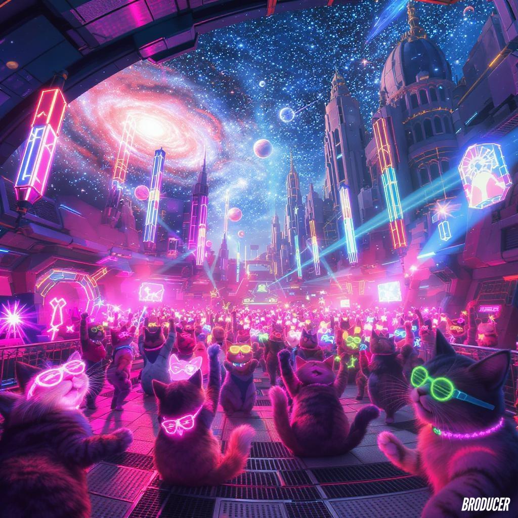 Futuristic cityscape with cats wearing LED goggles in a neon-lit setting.